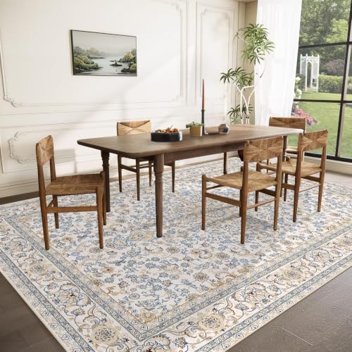 VECARF Area Rug 9x12 Washable Rug, Vintage Boho Medallion Rugs Non-Slip Soft Low Pile Large Distressed Rug Indoor Retro Carpet for Living Room Bedroom Dining Room Home Office (BeigeBlue, 9'x12') - 2