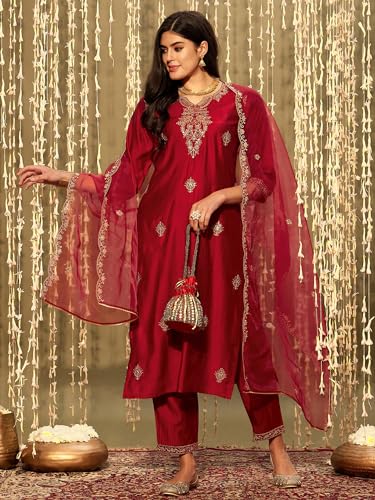 Image of INDO ERA Women's Embroidered Silk Blend Straight Kurta & Palazzo With Dupatta Set (RRRRR9584)