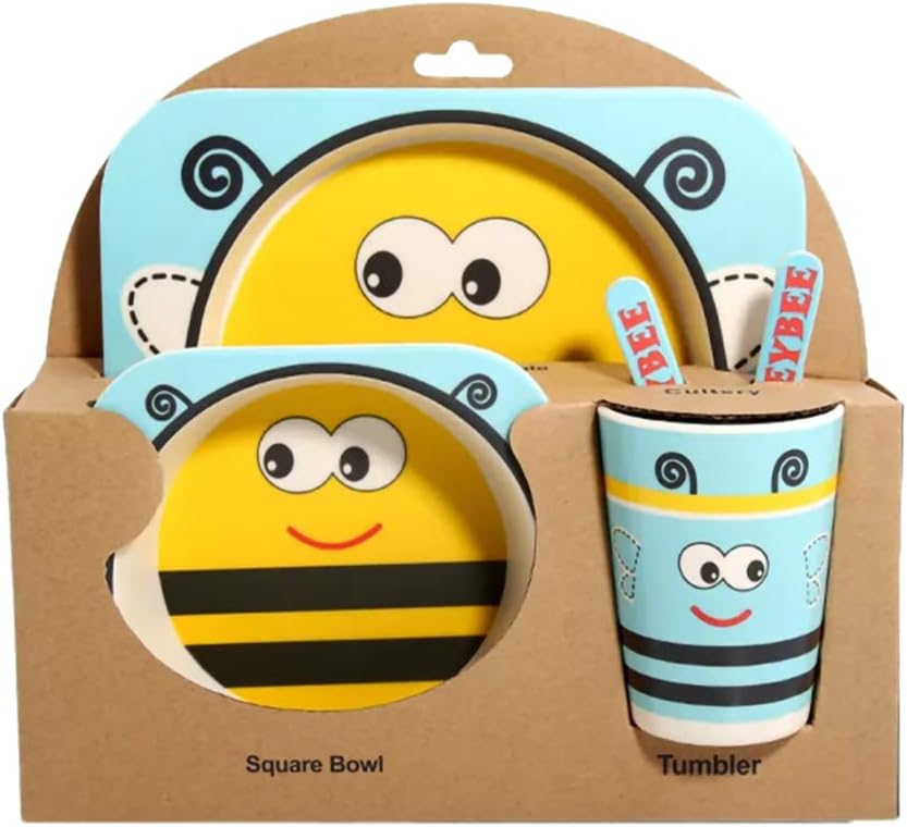 Shinebaby Bamboo Fiber 5pcs Dinnerware Set Creative Cartoon Cutlery Set, Environmental Friendly Kids Dinnerware Set Baby Feeding Plate/Bowl/Spoon/Fork/Cup. (Blue Bee)