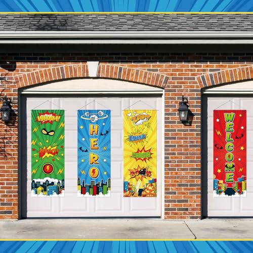 Image of Panelee 4 Pcs Hero Theme Party Banners Hero Party Decorations City Comic Skyline Porch Sign Hanging Door Banner for Cityscape Birthday Backdrop Supplies