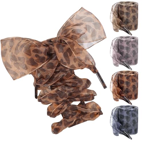 4Pair Satin Ribbon Shoe Laces for Sneakers, Fashion Leopard Print Ladies Exquisite Small Fresh Soft Satin Ribbon Flat Lace Shoelaces for Women Girls Shoestrings 4CM Wide