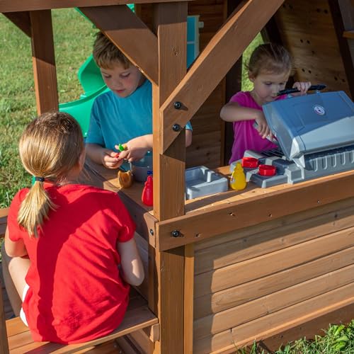 Image of Backyard Discovery Cedar Cove Wood Swing Set with Spiral Tube and Wave Slide, Clubhouse, Toy Grill, Snack Bar, Rock Wall, Belt Swings, Web Swing, Balcony,Chalkboard, Ladder,Outdoor Playset 10 Years