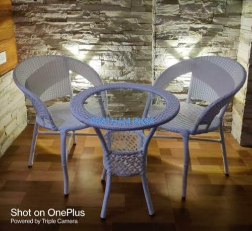 Image of PRATHAM India 2+1 Outdoor Indoor Patio Set Bistro Set Rattan Chair Patio Set Lawn Balcony Hall Outdoor Garden D 12 Chair Table Set (White)