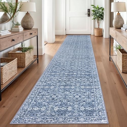 2.6x14 Blue Washable Runner Rug for Kitchen, Soft Classic Runners with Non-Slip, Non-Shedding Distressed Floral Rug for Hallways Entryway Bedroom Bathroom Laundry Indoor