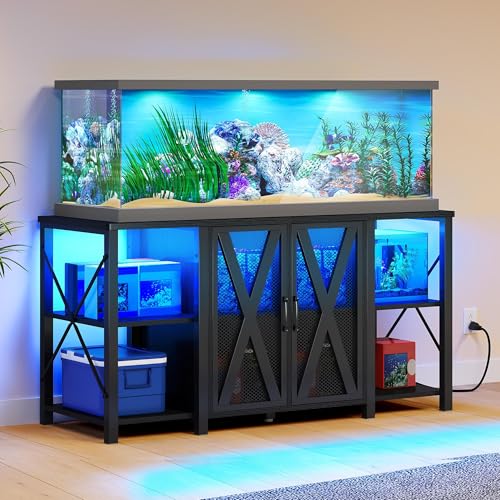 Image of YITAHOME 90-120 Gallon Reptile Tank Stand with Power Outlet & LED Light, Heavy Duty Aquarium Stand w Accessories Storage Cabinet - Metal Fish Tank Stand for Turtle, Reptile, 2000LBS Capacity, Black