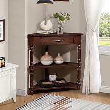 33.8 Small Triangle Corner Table, Wood Corner Side Table with 1 Storage Drawer, 3 Tier End Corner Table with Solid Wood Legs for Bedroom, Living Room, Small Spaces Light Espresso-06