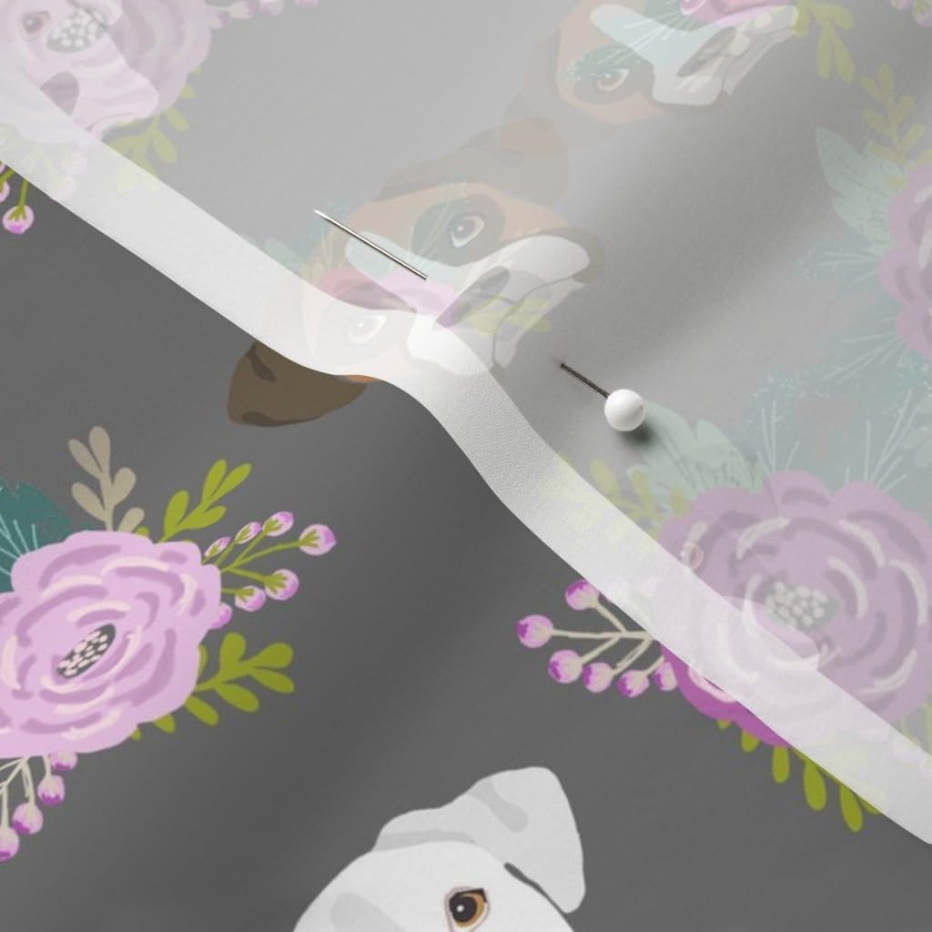 Spoonflower Fabric - Boxer Dog Dogs Heads Charcoal Flowers Head Florals Pet Portrait Printed on Chiffon Fabric by The Yard - Sewing Fashion Apparel Dresses Home Decor