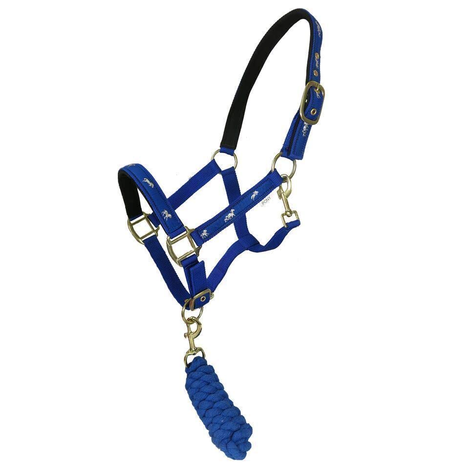 HORSE MASTER Horse Padded Headcollar Lead Rope - Comfortable Stylish Horse Printed Halter with Detachable Leadrope - Stable Yard Equipment for Pony Cob Full and Shetland, Royal Blue