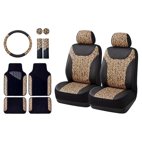 Image of AUTOFAN Leopard Print Car Seat Covers Full Set, PU Leather Interior Accessories Combo with 2 Front Seat Covers, 4 Floor Mats, Steering Wheel Cover, Seat Belt Pads & Cup Holder Coasters