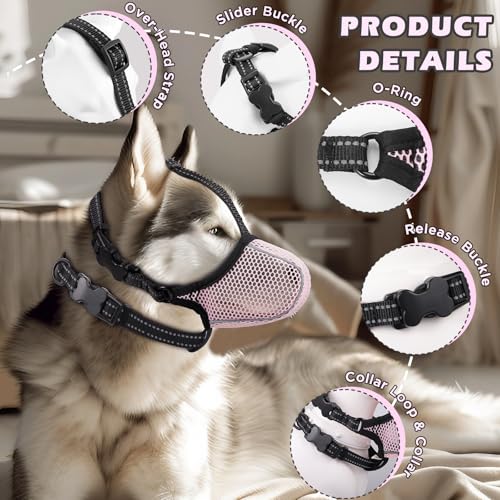 Image of Dog Muzzle,Mesh Soft Muzzle for Small Medium Large Sized Dogs, Breathable Reflective Adjustable Puppy Muzzles with Collar for Scavenging Grooming Biting Chewing,Allows Panting and Drinking(Pink L)