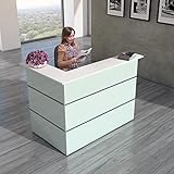 Lieferung – Empfangstresen Satinglas, Außenmaß: 1080 x 1500 x 920 mm (H x B x T), Gewicht: ca. 104 kg. Tischplatten bis 75 kg, Tresenplatten bis 25 kg belastbar. Die Lieferung erfolgt im zerlegten Zustand.