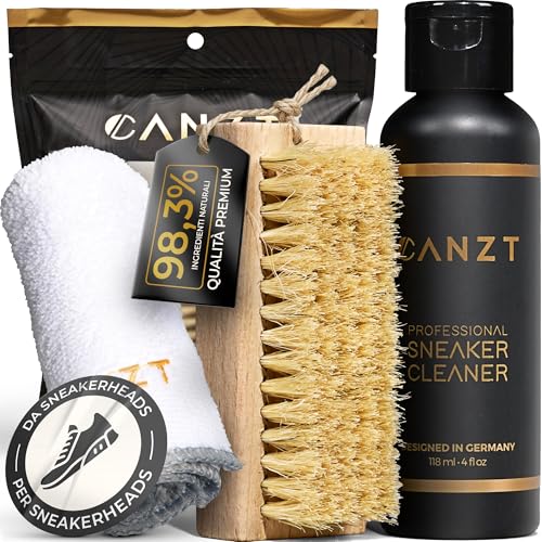 Canzt Kit Pulizia Scarpe – Pulisci Sneakers per Pelle, Nubuck, Camoscio e Tessuto – Detergente Scarpe Bianche con Spazzola & Panno in Microfibra