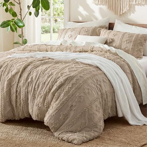 Image of Bedsure Tufted Boho Comforter Set Oversized Queen - Light Brown Boho Bed Set, GentleSoft 3 Pieces Farmhouse-Style Embroidery Bedding, Gifts for Woman, Soft Jacquard Kids' Comforter for All Seasons