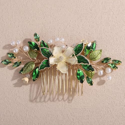 Peine de cabello con hojas y perlas verdes miniatura 1