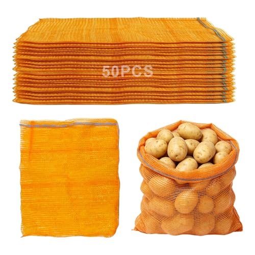 50 Stück Obstsack 40x60cm Netzsäcke mit zugband Raschelsäcke aus Mesh Netzsäcke Wiederverwendbar Kartoffelsack Kunststoff Netzbeutel geeignet zur Aufbewahrung von Kartoffeln Obst und Gemüse.