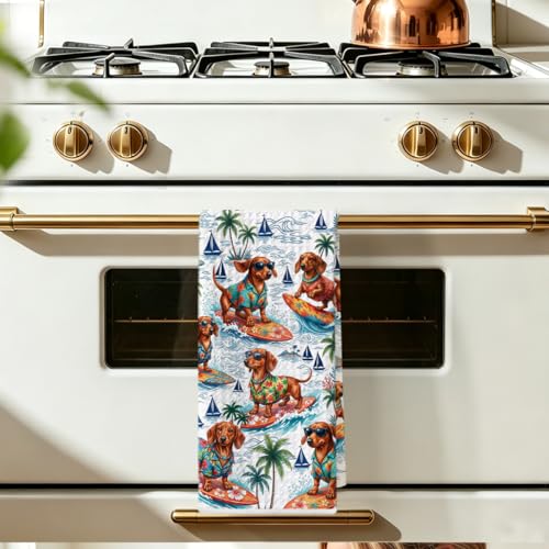 Image of Funny Dachshund Kitchen Towels 24x14 Inch, Summer Dachshund Gifts Reusable Dish Towels for Kitchen Bathroom Decor, Waffle Weave Absorbent Tea Towel, Weiner Dog Gifts for Women Mom Friend Girls