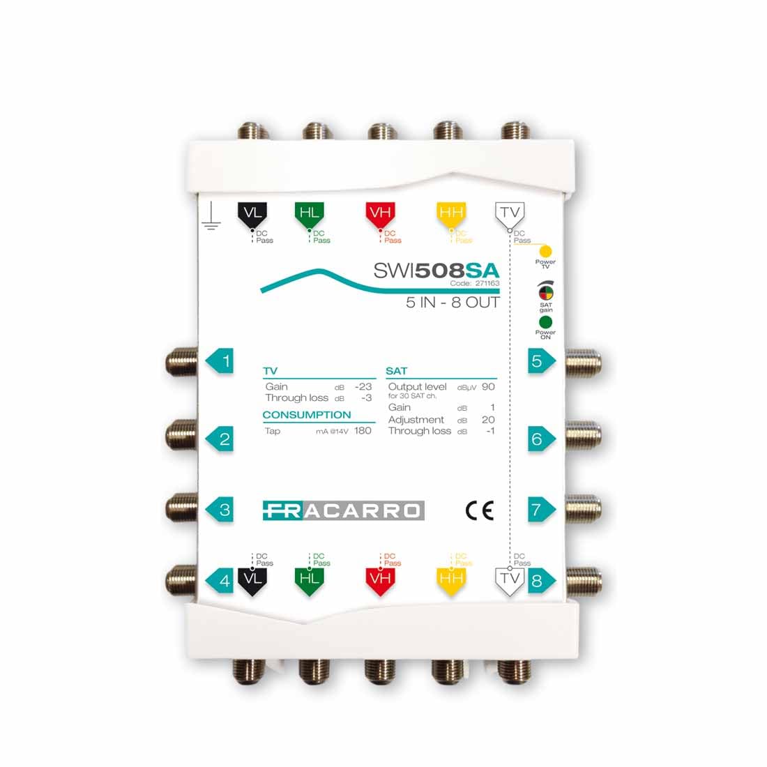 FRACARRO Multiswitch a cascata 5 ingressi, 8 uscite derivate, TV passiva e satellitare attivo con guadagno regolabile (0-20dB), banda satellitare fino a 2300MHz, alto isolamento (SWI508SA)