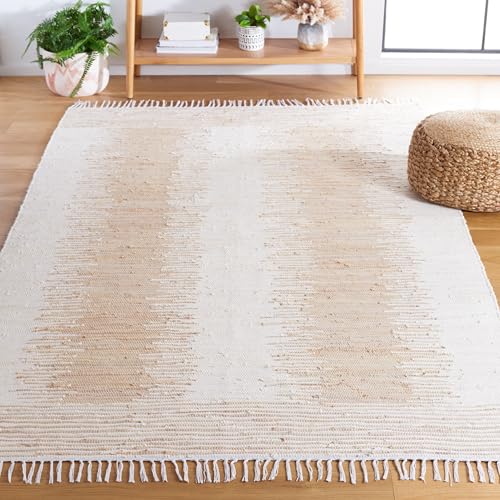Image of SAFAVIEH Montauk Collection Area Rug - 5' x 8', Beige, Handmade Fringe Cotton, Ideal for High Traffic Areas in Living Room, Bedroom (MTK752A)