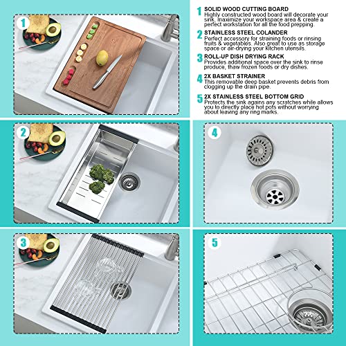 33 Double Bowl Drop In Kitchen Sink White- Ianomla 33 X22 Inch Drop In Topmount Kitchen Sink Workstation Sink Quartz Sink 60/40 Double Bowl White Kitchen Sink With Cutting Board #TOP7