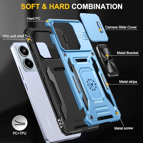 Image of Polycarbonate Slide Camera Cover with Ring Holder Mobile Phone Back Cover for Mi Redmi Note 13 Pro 5G (Blue)