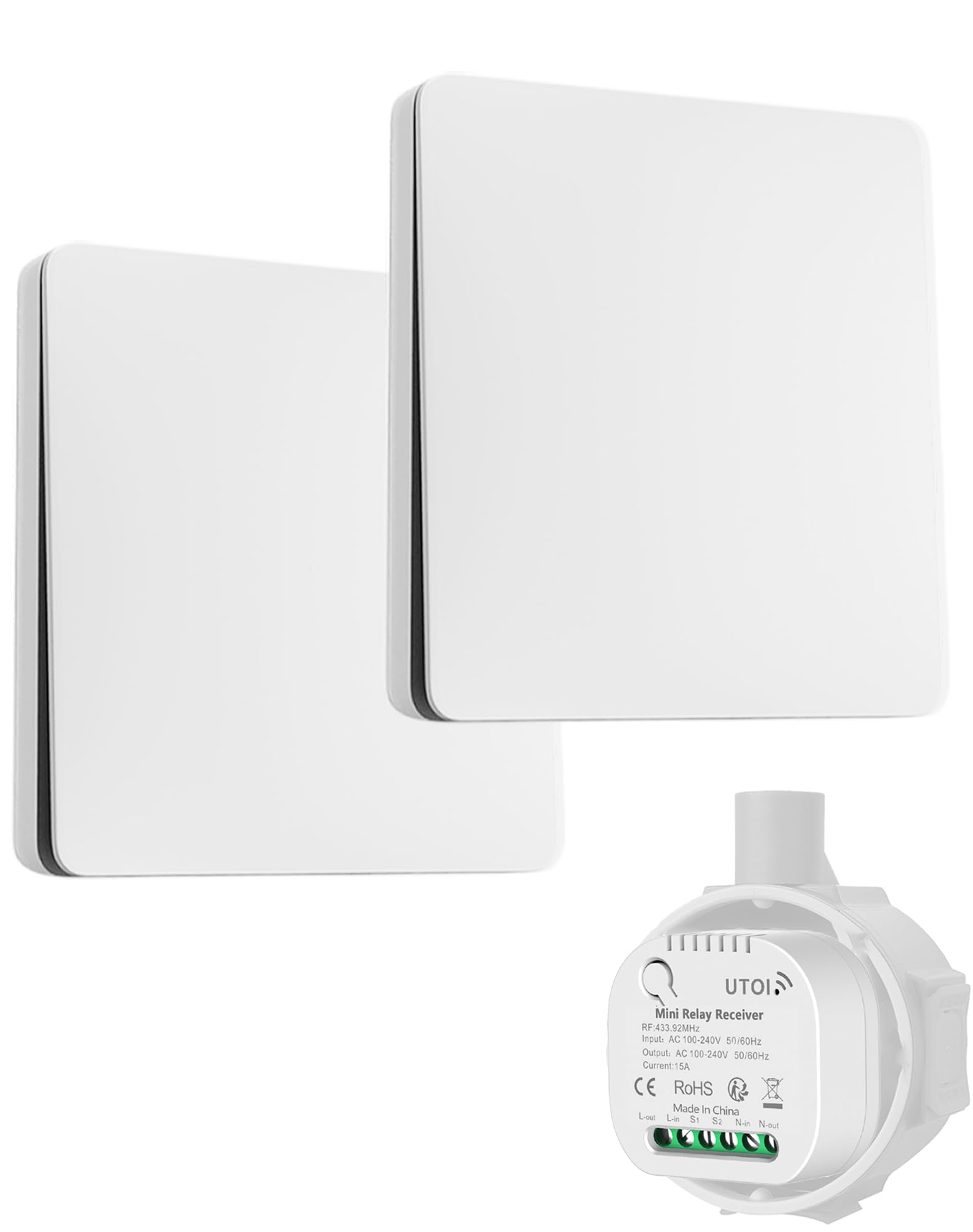 Interruptor inalámbrico sin batería, kit de marcha y viene con 2 interruptores y 1 receptor de 15 A, control remoto para iluminación, compatible con interruptores tradicionales, sin parpadeo LED