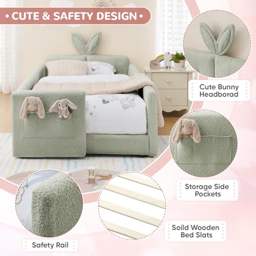 Image of Twin Size Kids Bed with Rabbit Ear Headboard, Upholstered Boucle Fabric Twin Daybed with Slats Support & Side Pockets, Space-Saving Wooden Corner Sofa Couch Bed Frame for Girls, Boys, Teenager(Green)