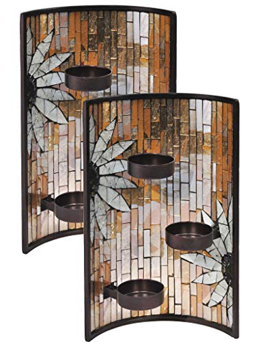 Dale Tiffany Sunflower Mosaic Art Glass Candle Holder, 2-Piece, Amber/Silver/White/Black