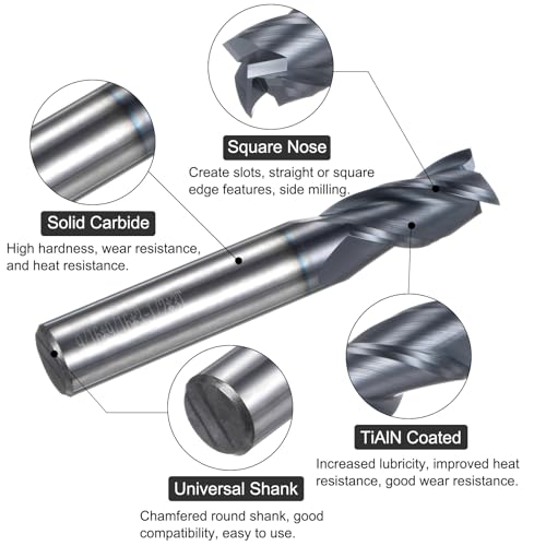 Image of uxcell Carbide Square End Mill, 9 /16 inch Diameter TiAlN Coated 3 Flutes Milling Bit Cutter, for Hardened Steel Stainless Steel Alloy Metal, 9 /16 inch Shank 1-1 /2 inch Cut Length 3-1 /2 inch Long HRC55