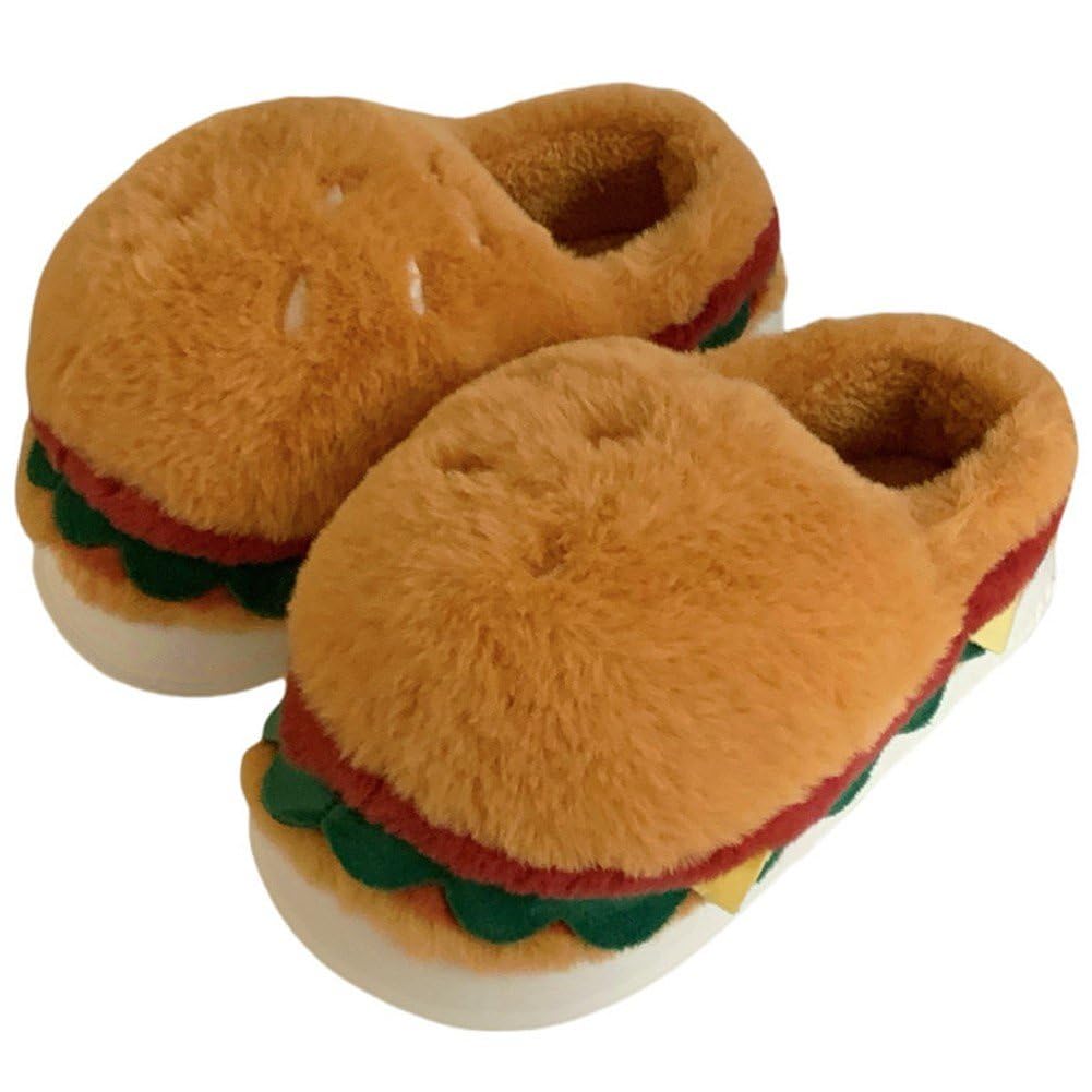 Hrippy Men's Brown Cute Burger Cotton Slippers Cartoon Fuzzy Slippers For And Fe Winter Plush Warm Slippers Household Couple Home Shoes