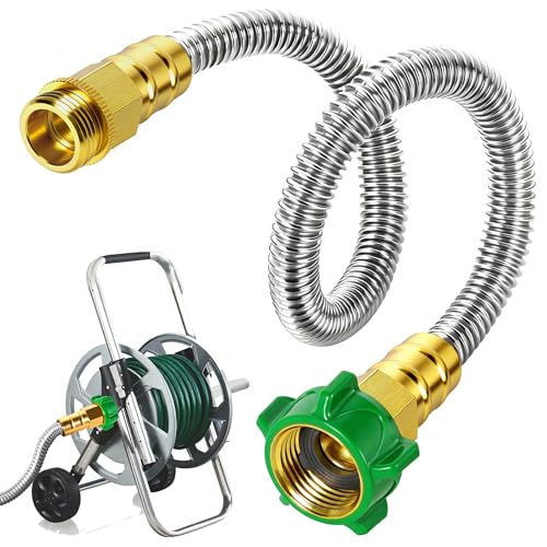 Male to Female Short Garden Hose 2FT Metal Hose Reel Connecting Hose 304 Stainless Steel Leader Hose Connector for Hose Reel Flexible Kink-Free & No Leak Outdoor Water Pipe Extension Adapter