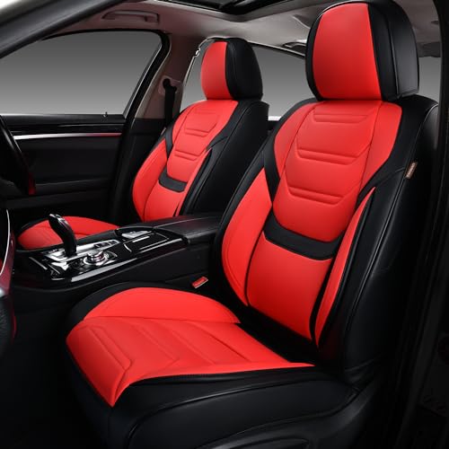 Image of TIEHESYT Leather Seat Covers Front Pair with Lumbar Support, Breathable and Waterproof Car Seat Cover, Universal Seat Covers for Cars, Trucks, SUVs, Sedans, Pickups, Airbag Compatible, Black&Red