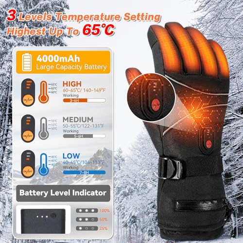 Beheizbare Handschuhe Damen Herren,7.4V 4000 mAh Akku USB Beheizte Handschuhe, 3 Heizstufen,Touchscreen Beheizbare Motorradhandschuhe,fur kifahren,Wandern,Radfahren,Motorradfahren (A)
