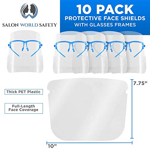 Image of TCP Global Salon World Safety Face Shields with Blue Glasses Frames (Pack of 10) - Ultra Clear Protective Full Face Shields to Protect Eyes, Nose, Mouth - Anti-Fog PET Plastic, Goggles