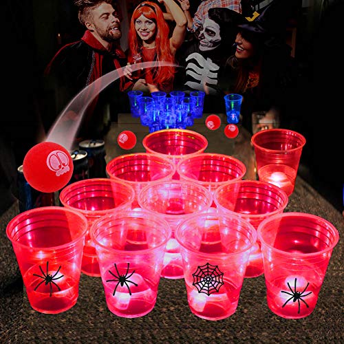 Six Senses Media The Halloween Dark Beer Pong Set, Beer Pong Party Cup Set, LED Beer Pong Cups and Novelty Skull Pong Balls,22 Set