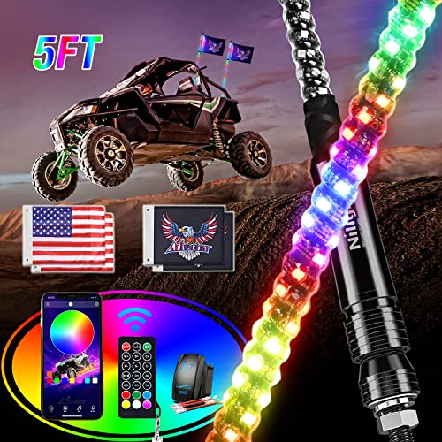 Image of Nilight 2PCS 5FT RGB LED Whip Light, Remote App Control w /DIY Chasing Patterns Stop Turn Reverse Lighting Modes Safety Lighted Antenna for ATV UTV Polaris RZR Can-am Dune Buggy Jeep