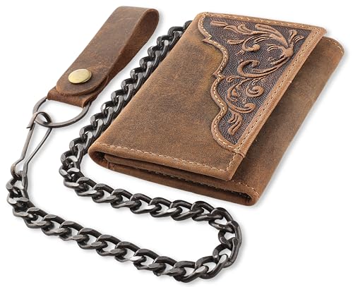 Image of F&L CLASSIC RFID Blocking Men's Tri-fold Vintage Biker Cowhide Leather Steel Chain Wallet,Snap closure, brown, western style,315-83