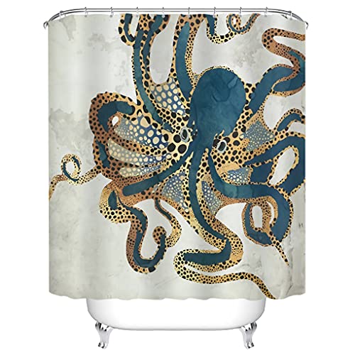 Tititex Colorful Vintage Blue Brown Octupus Shower Curtain Sets, Novelty Sea Monster Nautical Theme Bathroom Decoration 70X70 Inch With Hooks #TOP2
