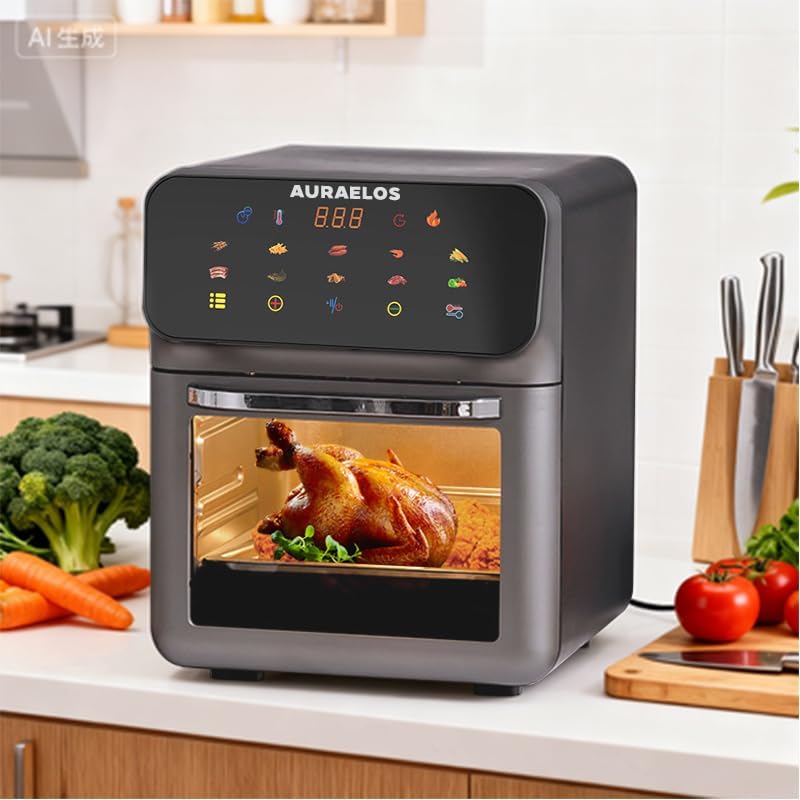 Miniatura 2 de AURAELOS - Horno freidora de aire digital, capacidad de 10 L, 1350 W, control táctil con 10 preajustes, acero inoxidable negro, rango de temperatura