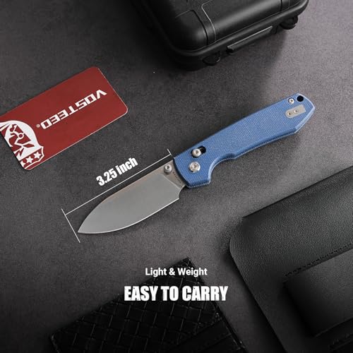 Image of Vosteed Raccoon EDC Pocket Knife - 3.25 inch Sandvik 14C28N Satin Blade - Crossbar Lock, Dark Blue Micarta Handle - Camping, Hiking Knives - A0505