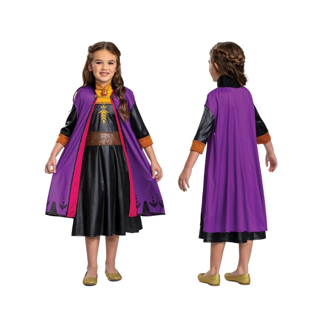 Disguise Anna Traveling Classic Fancy Dress Costume, Perfect for Frozen Fans, Includes Black Dress With Belt, Golden Details And Purple Cape, Princess of Arendelle Outfit for Girls. Size Small (5-6)..