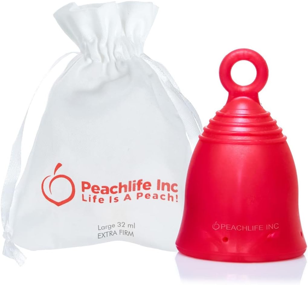 Peachlife Silicone Ring Menstrual Cup | Pull Stem Loop Tab for Easy Removal | Reusable for up to 10 Years of Period Protection | Large, Extra Firm Peachcup