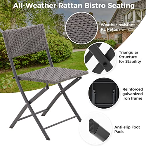 Rattan Patio Bistro Set, 3 Piece Foldable Outdoor Patio Furniture Sets, With Folding Table And Two Chairs, For Garden, Backyard, Pool, Lawn, Balcony, All Weather Brushed Rattan Style (Dark Grey) #TOP2