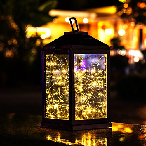 Solar Lantern Lights Metal Sunwind with 30 Warm White LEDs Fairy String Lights Outdoor Decorative Table Lamp (Black-11.4
