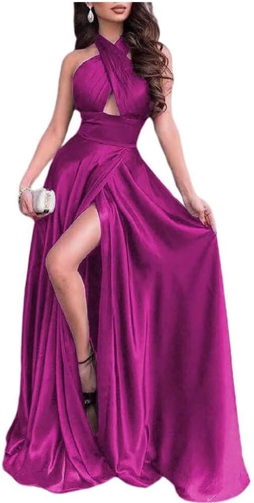 UZN Women's Sleeveless Cross Prom Dresses Long Satin with Slit Formal Evening Party Gowns with Pockets