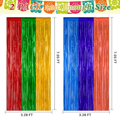 Image of ZATAYE 2 Pack Mexican Color Fiesta Foil Curtain Streamer Decorations | Mexican Color, Metallic Foil, 3.28 x 7.05 FT, Tinsel Backdrop, Foil Curtain Streamer, Fiesta Party Decorations