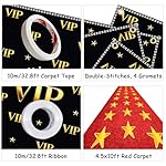 7x5ft VIP Backdrop Movie Night Backdrop with Red Carpet Runner for Party Polyester Black and Gold VIP Movie Theme Decorations Stage Birthday Banquet with 4.6x10ft Runner, Carpet Tape, Ribbon - Image 3