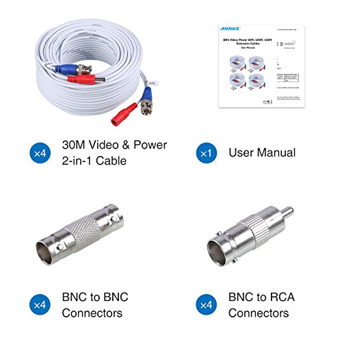 SANNCE 4 x 30m/100FT HD Multifunzioni Cavo Video Sorveglianza Telecamera Analog Kit DVR CCTV BNC RCA DC Alimentatore Sistema di Videosorveglianza Colore Bianco