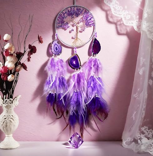 Large Dream Catcher,Sun Dream Catchers with Chakra Gemstone Agate Stone,Purple Crystal Tree Life,Dream Catcher for Girls,Dream Catchers for Adults,Home Ornaments Craft Gift (Purple) - Image 3