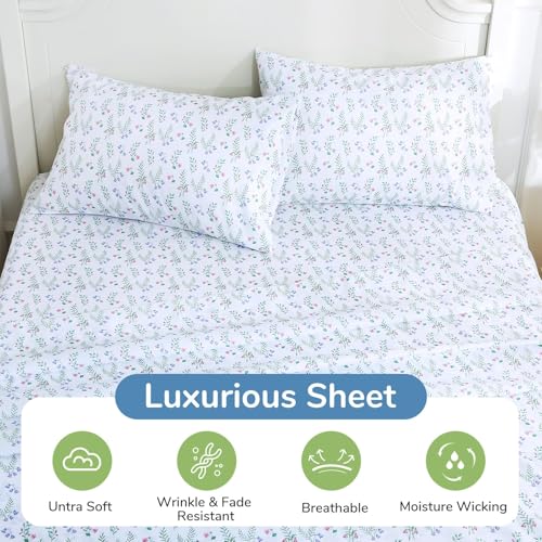 Image of MUXHOMO Full Size 4 Piece Sheet Set, Soft & Breathable Sheet Set for Bedroom with Deep Pocket Up to 16 inch, Wrinkle-Free & Cooling Bed Sheet with Flat Sheet, Fitted Sheet & Pillowcases - Muguet Sprig