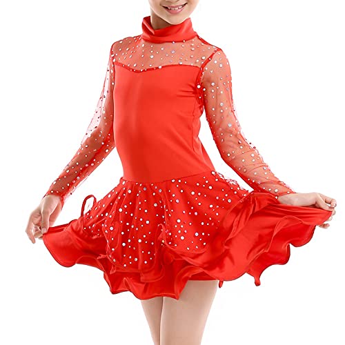 Libaobaoyo Girls Sequin Mesh Latin Costume Ballroom Long Sleeve Ruffle Dance Dress Red